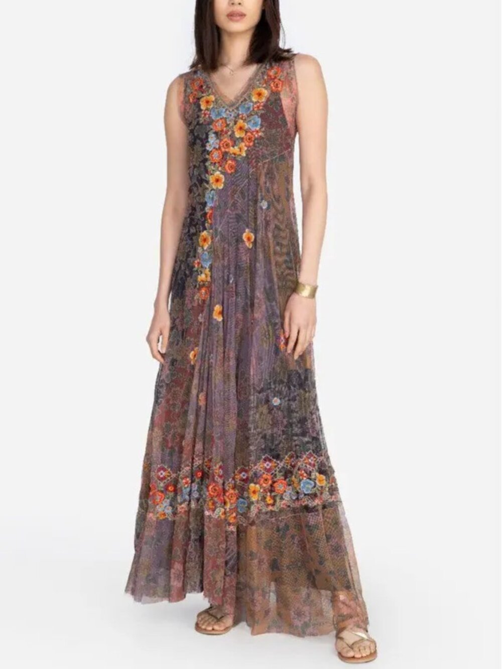 Johnny Was Biya Merkava Embroidered Mesh Maxi Dress Boho Floral